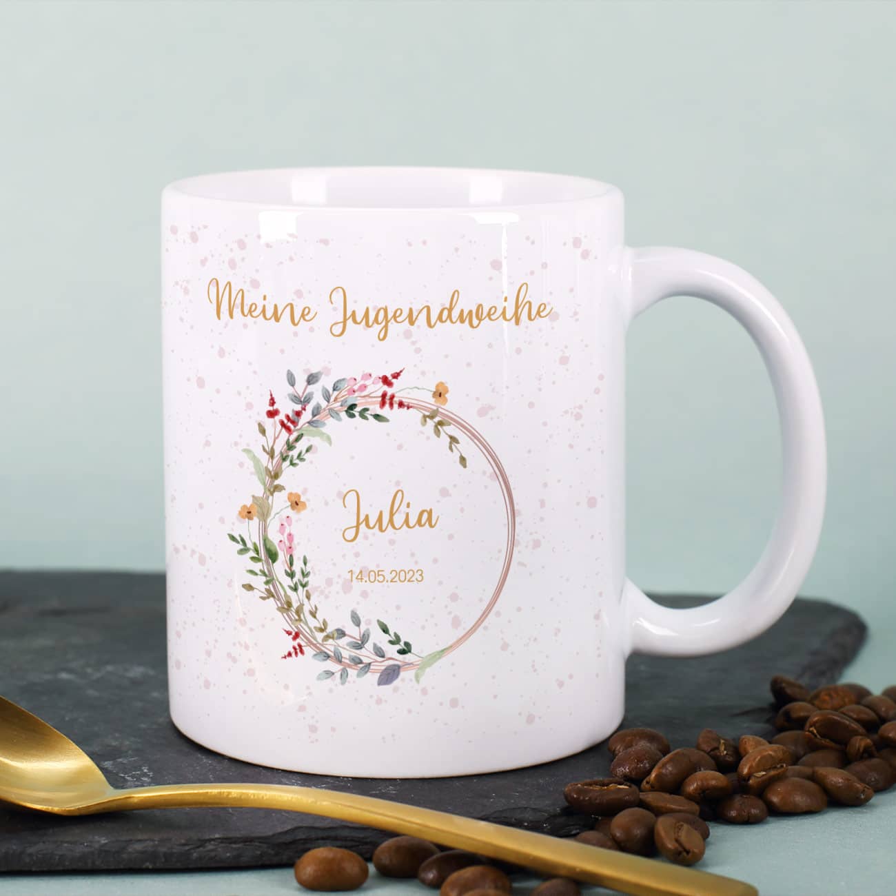 Tasse aus Keramik zur Jugendweihe mit Ihrem Wunschnamen und Datum der Feier