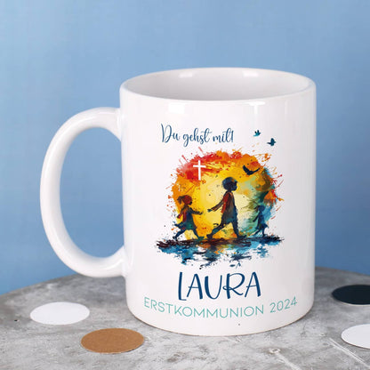 Tasse zur Kommunion 2024 - Du gehst mit - mit Name und Wunschtext