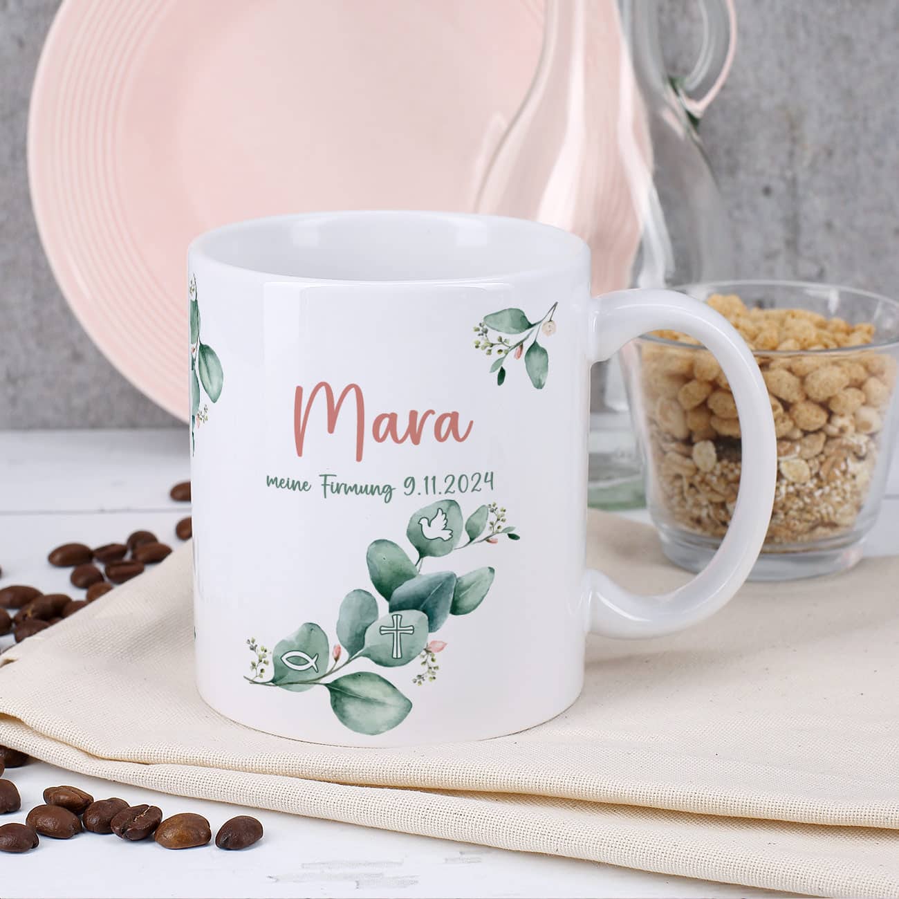 Tasse mit Eukalyptuszweig zur Kommunion, Konfirmation und mehr