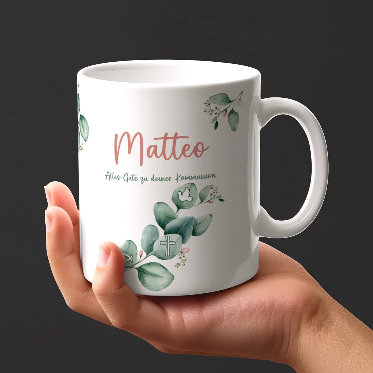 Tasse mit Eukalyptuszweig zur Kommunion, Konfirmation und mehr