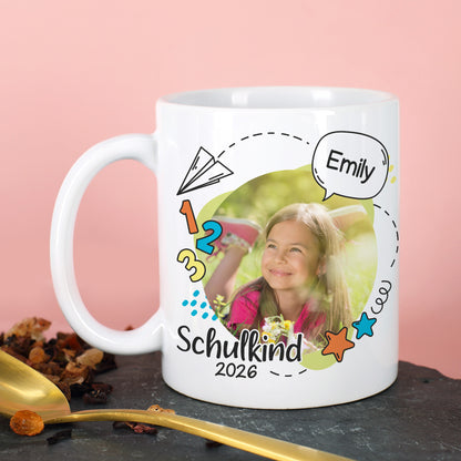 Fototasse zur Einschulung mit Foto und Name in Farbvariante Bunt