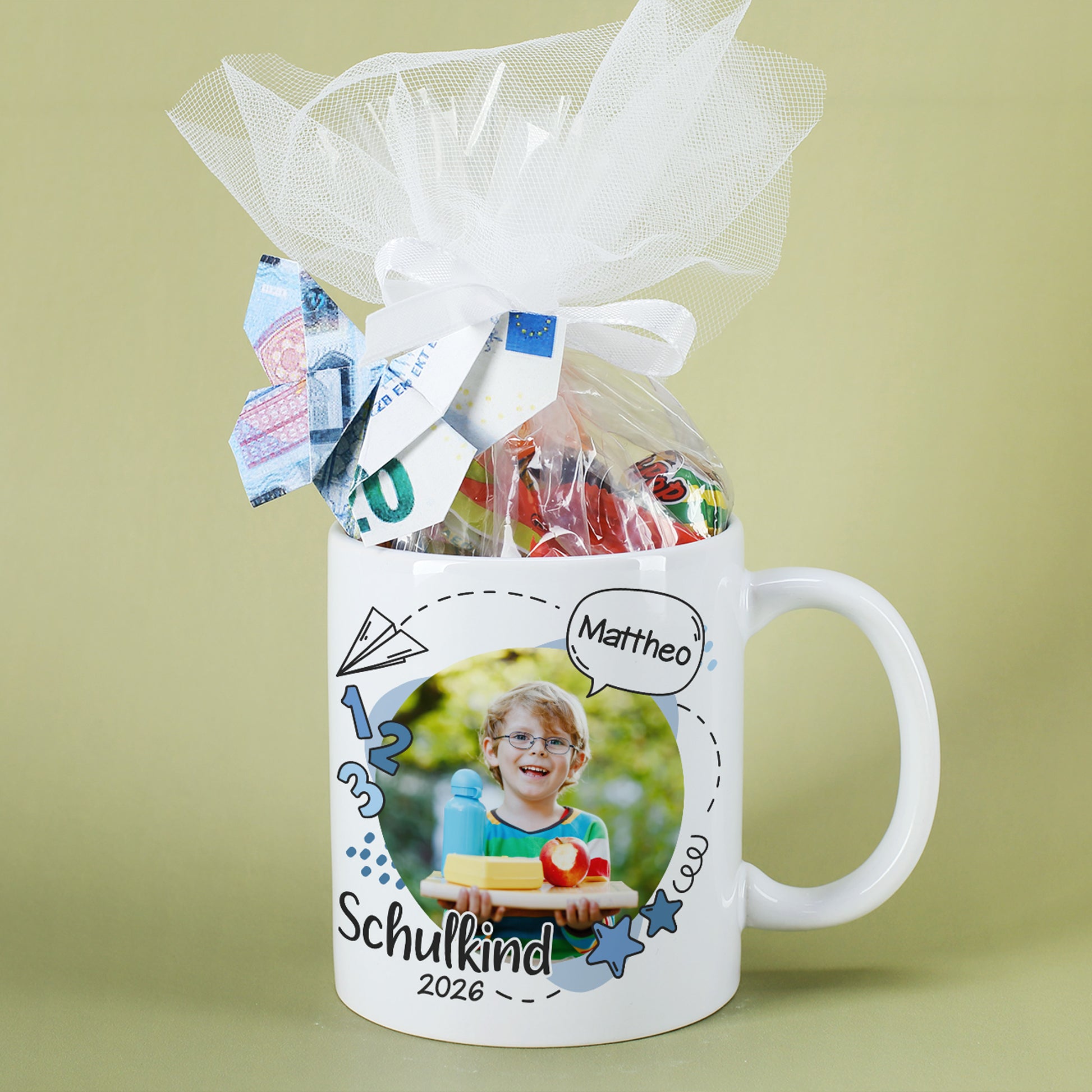 Fototasse zur Einschulung mit Foto und Name in Farbvariante Blau mit Füllung