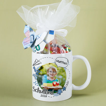 Fototasse zur Einschulung mit Foto und Name in Farbvariante Blau mit Füllung
