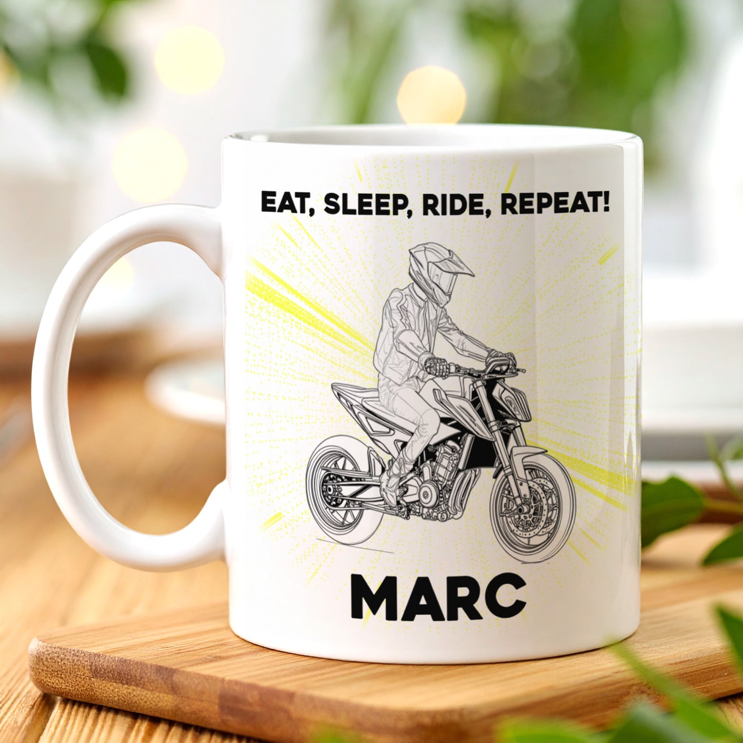 Weiße Keramiktasse mit Supermoto Bike Grafik, Schriftzug und individueller Personalisierung mit Text und Name