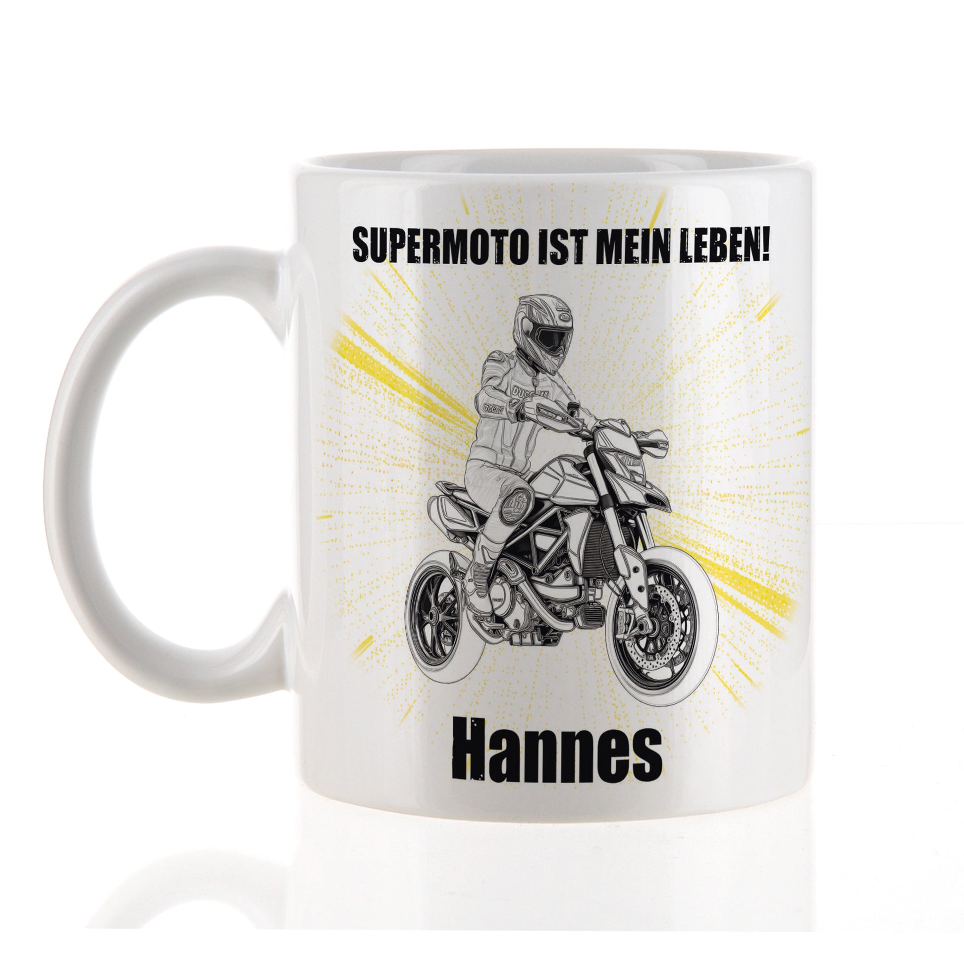 Kaffeetasse Supermoto mit Motorrad-Design, individuell gestaltbar mit Namen, Spruch und Schriftart