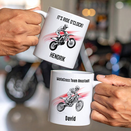 Keramiktasse mit Motocross-Motiv, Name Hendrik und Teamtext, personalisiert