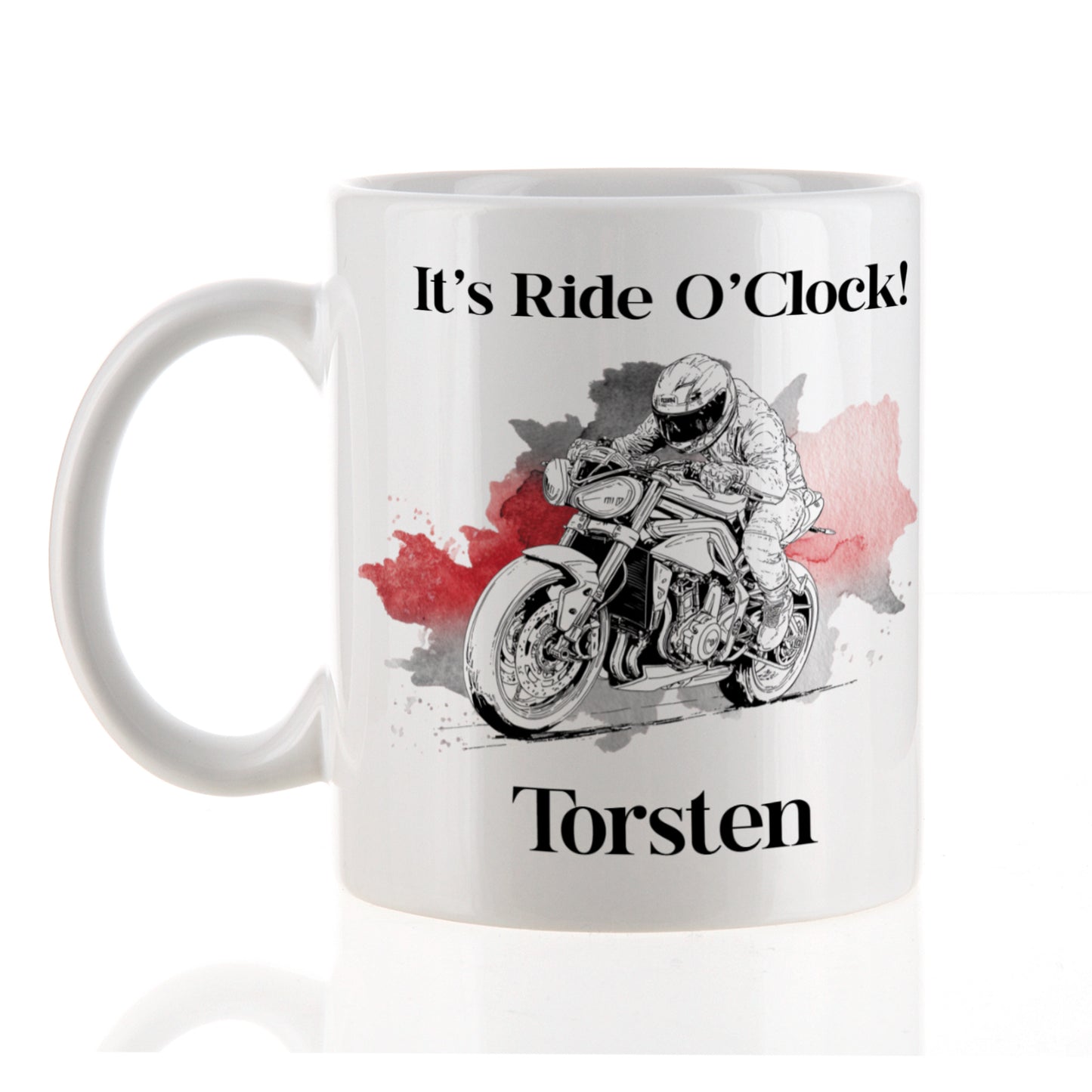 Personalisierte Naked-Bike-Tasse mit Motorradfahrer und Spruch It’s Ride O’Clock, Name Torsten