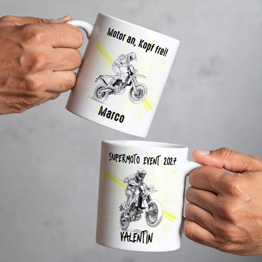 Personalisierte Supermoto Tasse mit Motorradfahrer-Motiv, Wunschtext und Name – ideales Geschenk für Motorradfans
