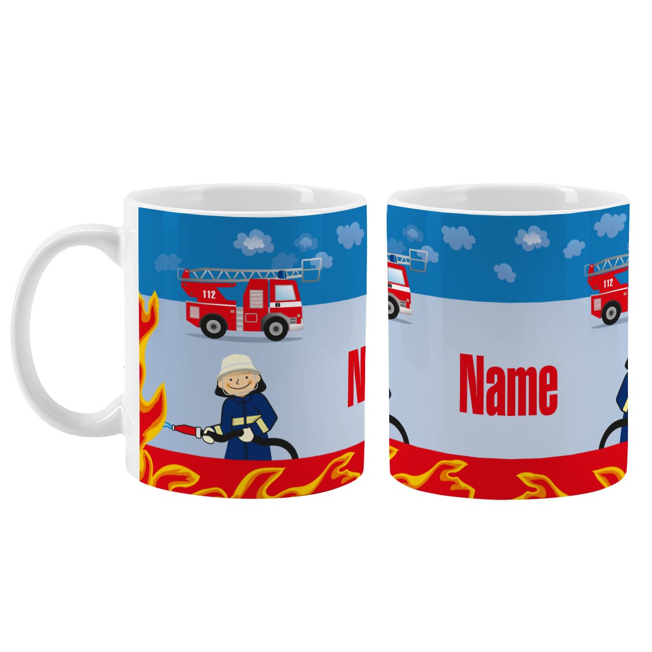Tolle Tasse für Kinder mit Feuerwehr-Motiv und Ihrem Wunschnamen gestaltet