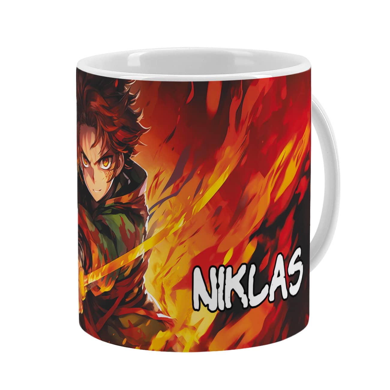 Keramiktasse mit Schwertkämpfer und Name