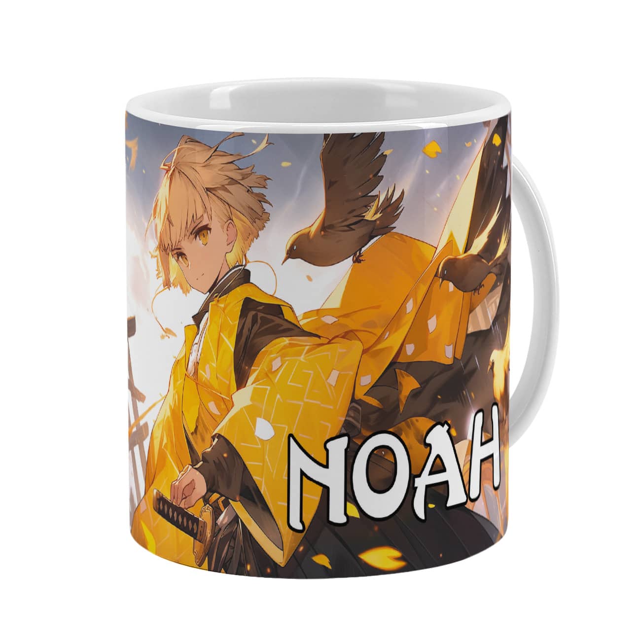 Persönliche Keramiktasse mit mutigen Schwertkämpfer und ein Name in einer Schrift Ihrer Wahl