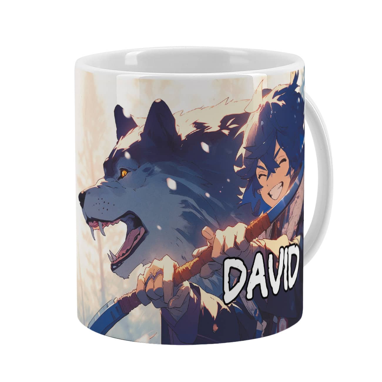 Bedruckte Tasse für Anime- und Manga-Freunde mit frechem Schwertkämpfer, Wolf und Name