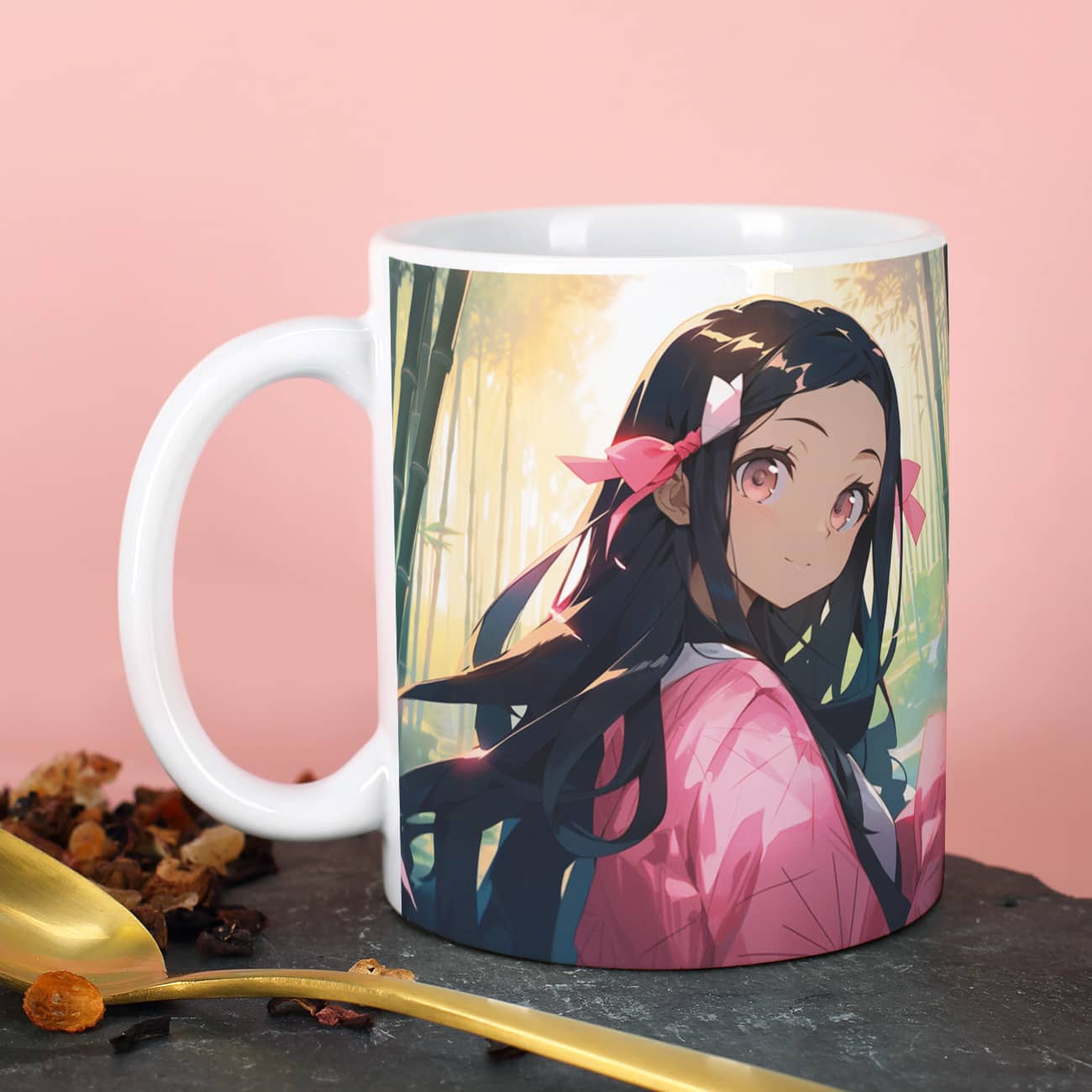 Niedliche Anime Tasse mit Mädchen im Pinken Kimono und Name