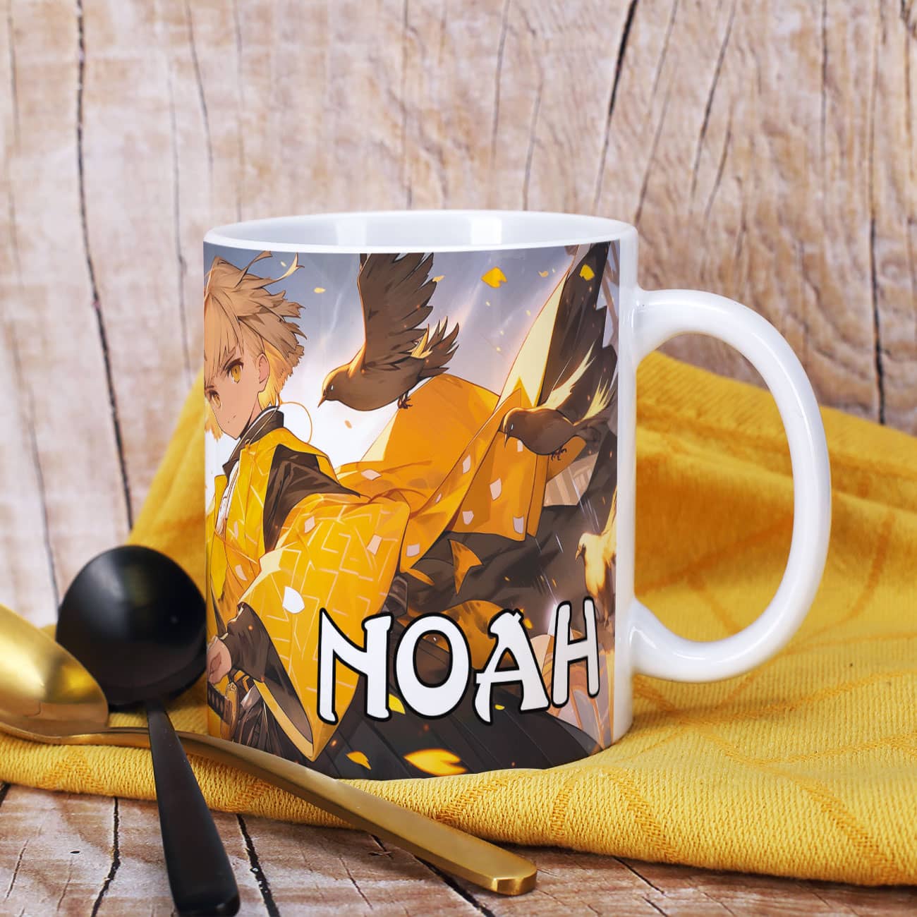 Persönliche Keramiktasse mit mutigen Schwertkämpfer und ein Name in einer Schrift Ihrer Wahl