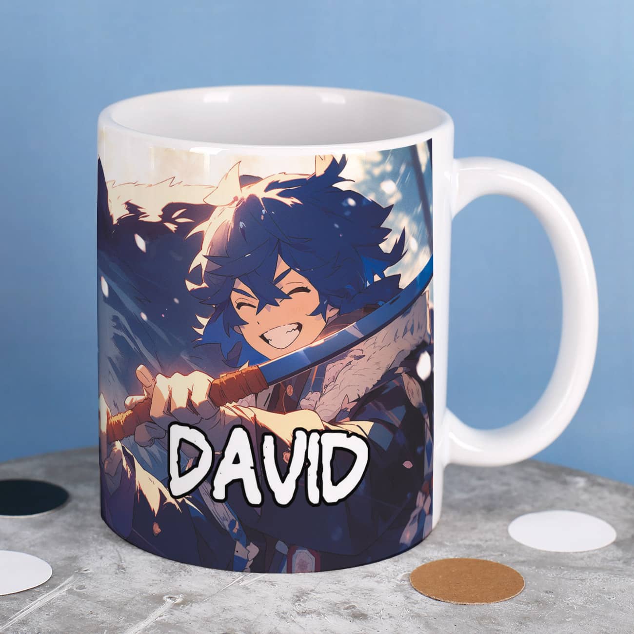 Bedruckte Tasse für Anime- und Manga-Freunde mit frechem Schwertkämpfer und Name