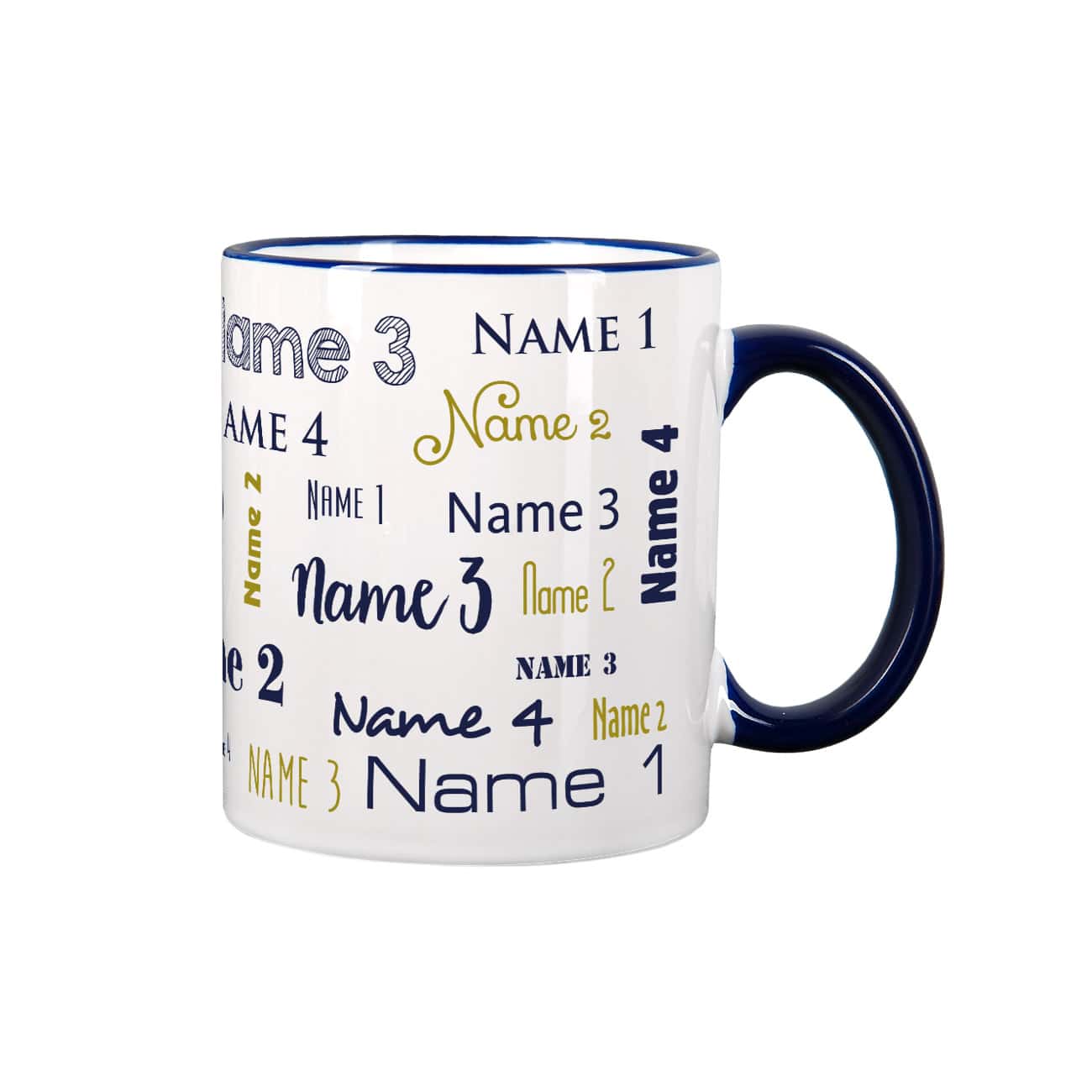 Vier Namen - Familientasse mit dunkelblauem Rand und Henkel