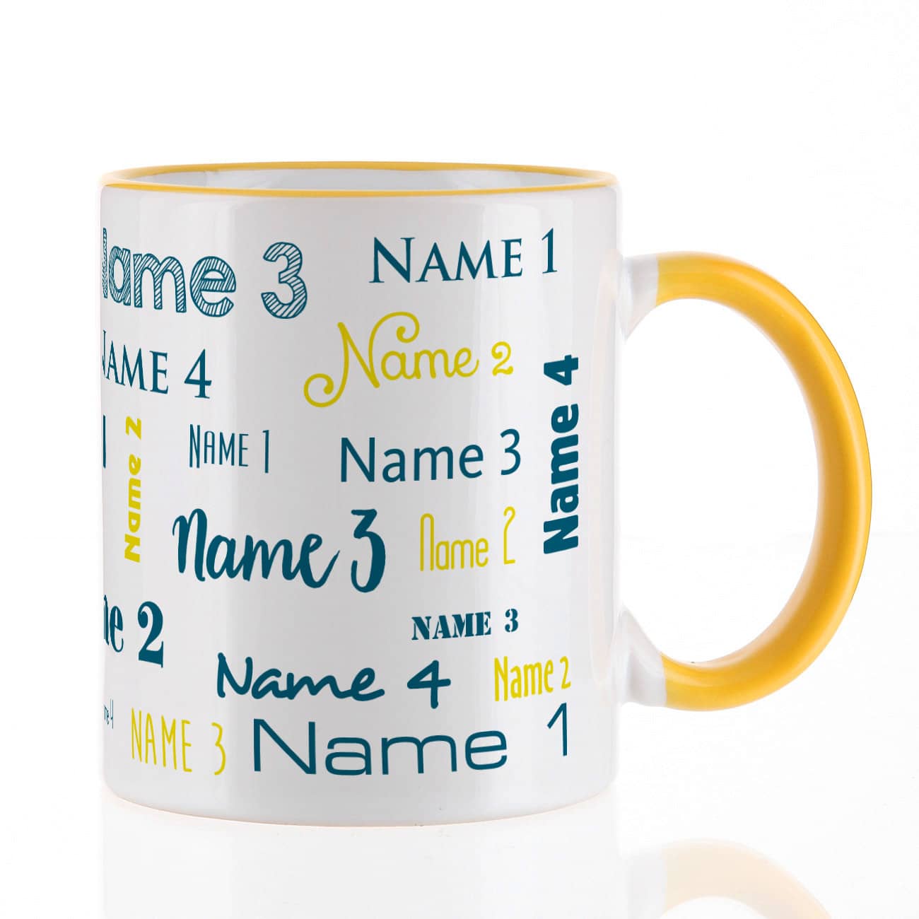 Familientasse mit vier Namen, gelb