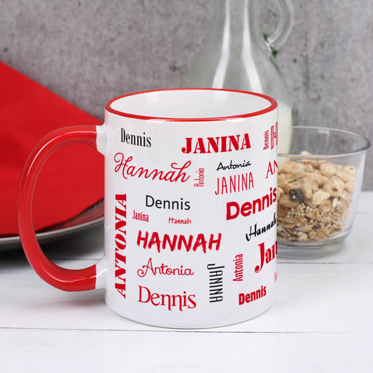 Tasse mit vier Namen, rot