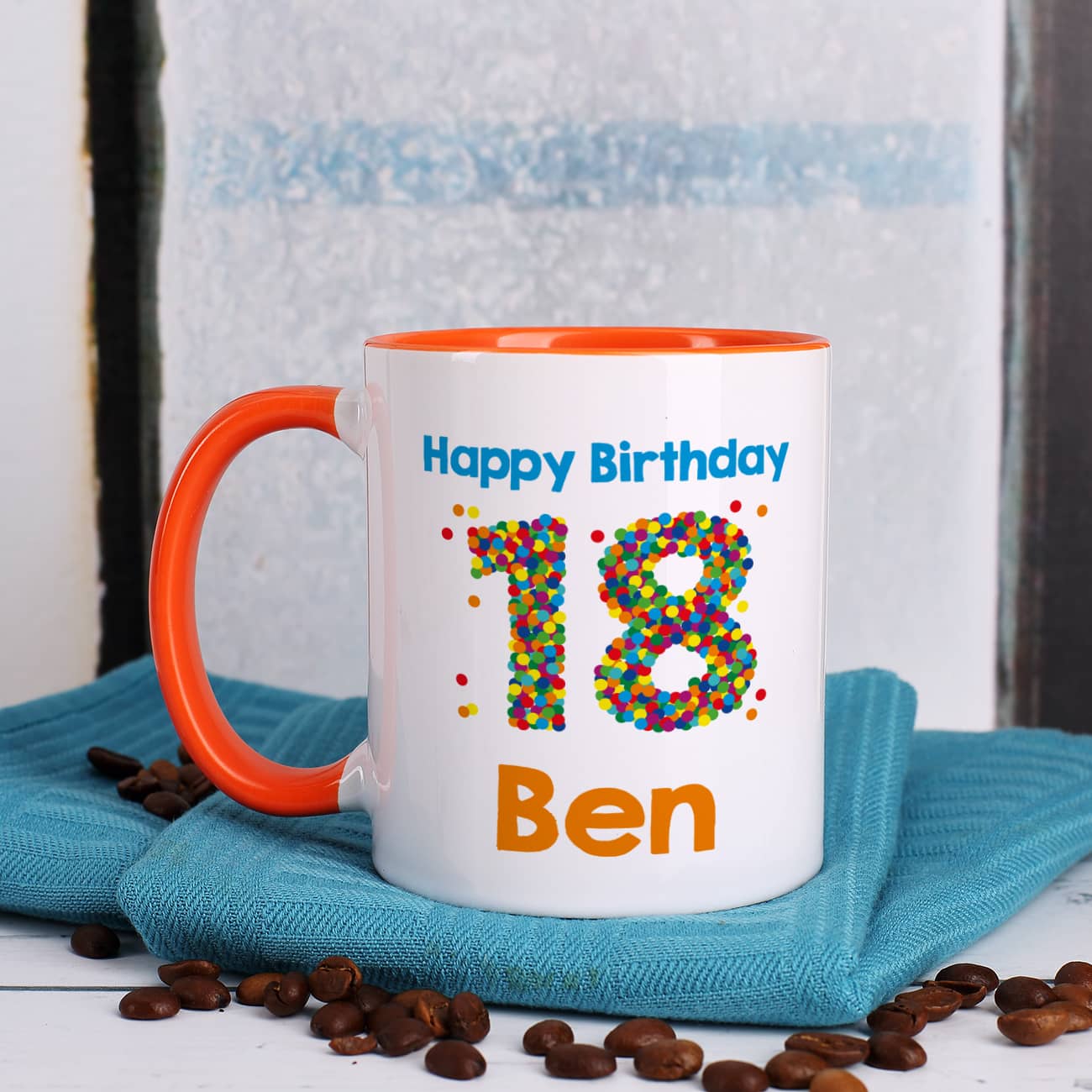 Tasse zum 18. Geburtstag - mit bunter Konfetti-Zahl