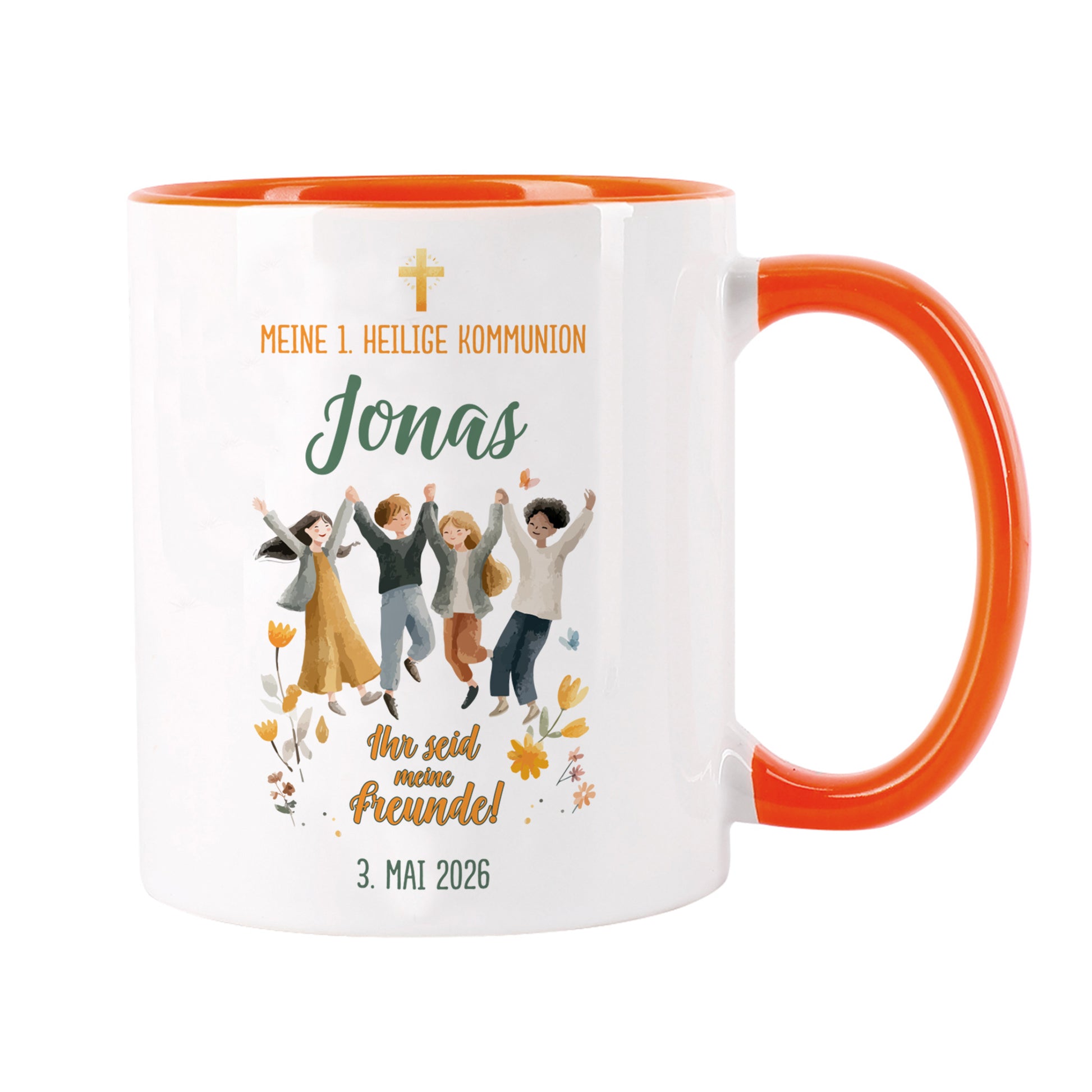 Keramiktasse mit religiösem Kommunionsmotiv, fröhliche Kinderillustration, personalisiert mit Name und Anlass