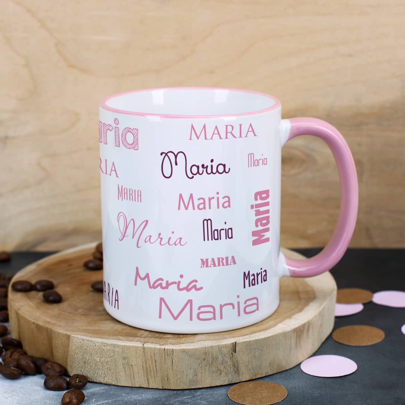 Tasse mit rosa Rand und Henkel und Name