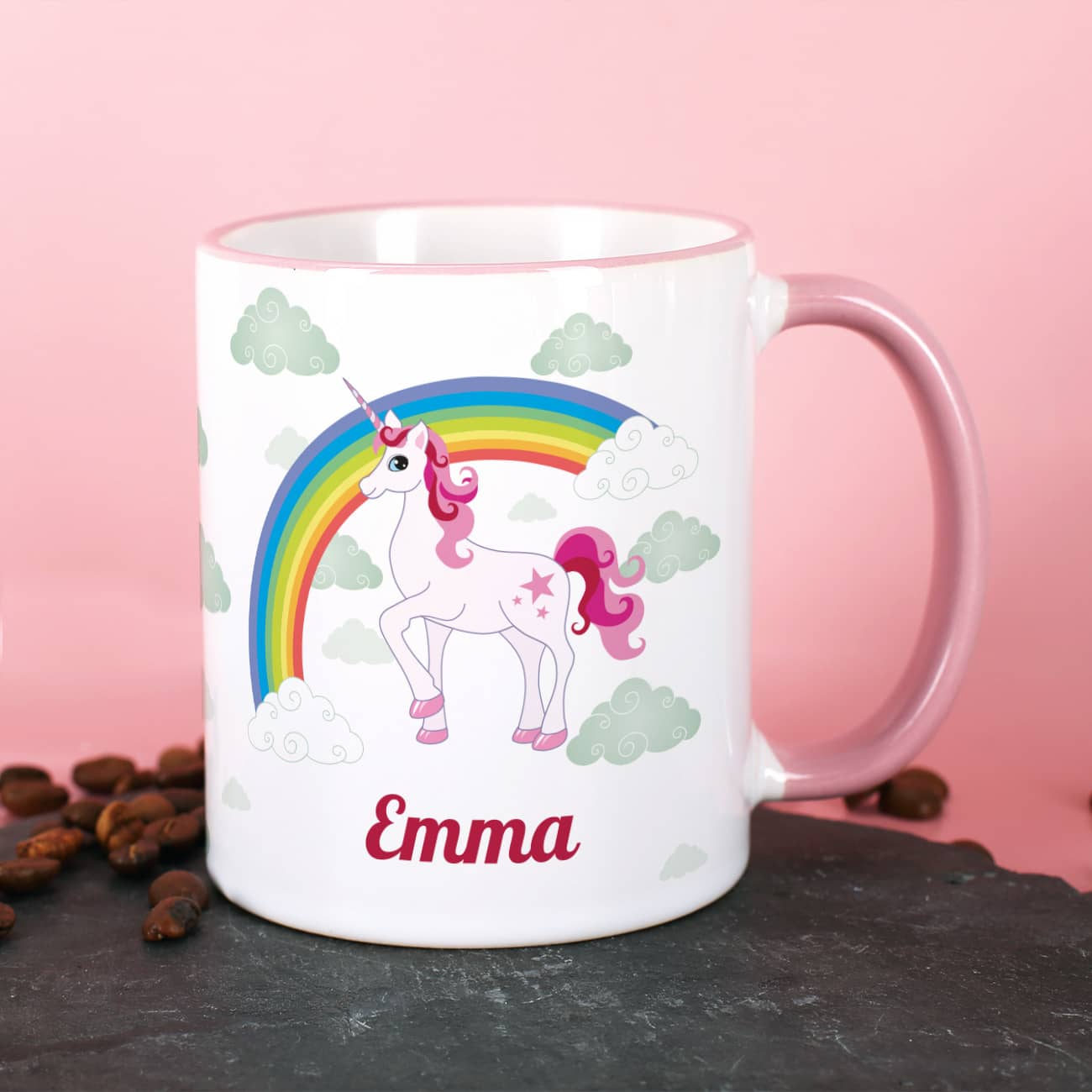 Einhorn Tasse mit Regenbogen und Name bedruckt