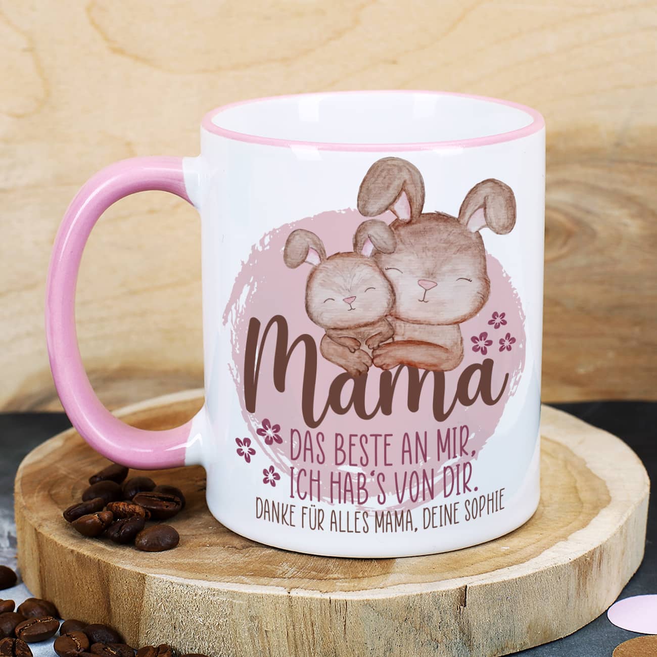 Tasse zum Muttertag mit rosa Henkel und Tassenrand