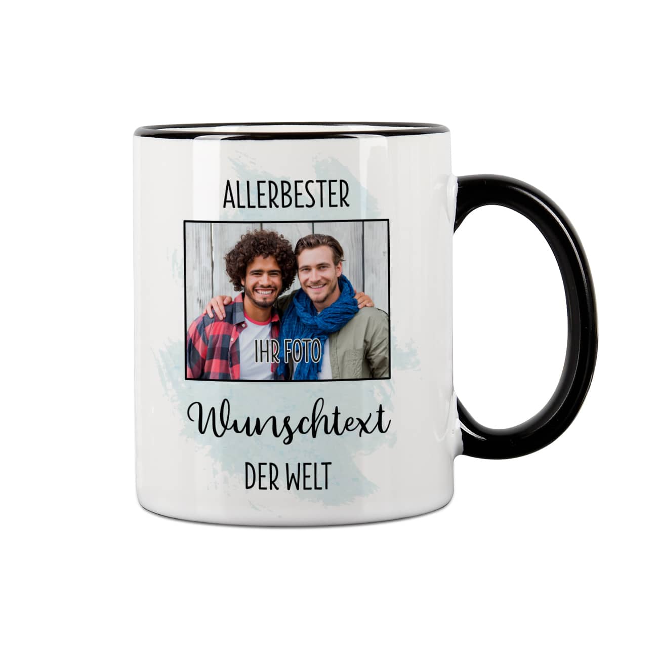 schwarze Rand-Henkel Tasse mit Wunschtext und Foto bedruckt