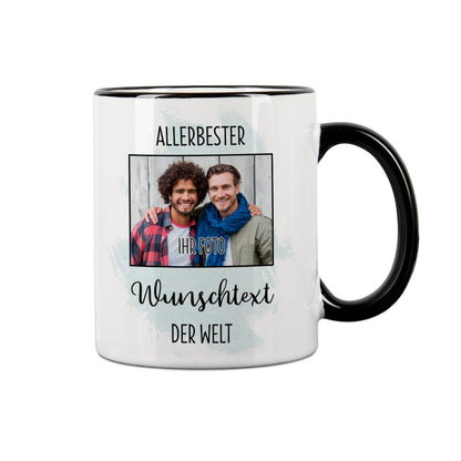 schwarze Rand-Henkel Tasse mit Wunschtext und Foto bedruckt