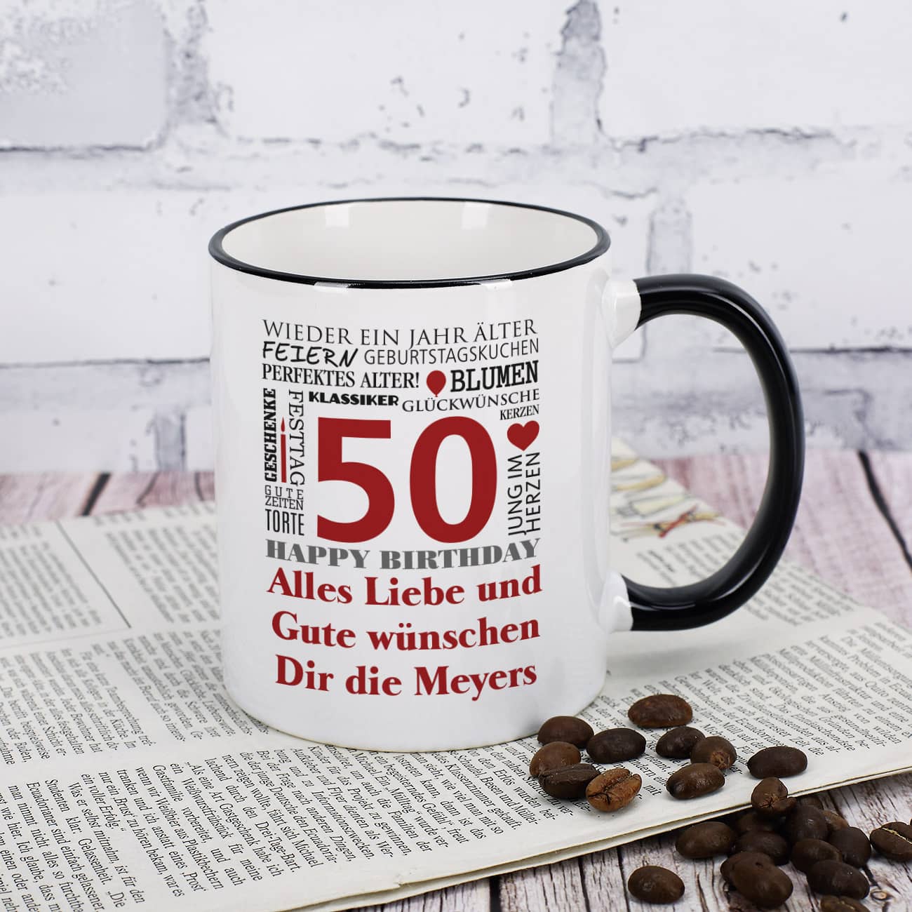 Geburtstagstasse mit guten Wünschen, Name, Alter und Glückwunschtext