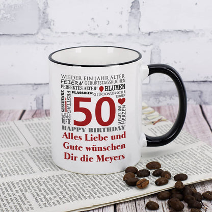 Geburtstagstasse mit guten Wünschen, Name, Alter und Glückwunschtext