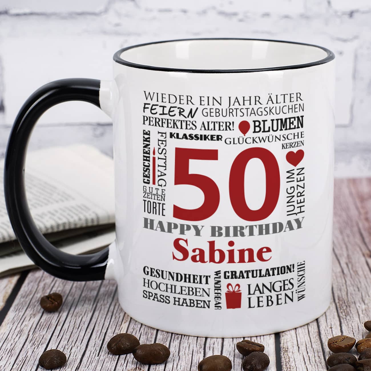 Geburtstagstasse mit guten Wünschen, Name, Alter und Glückwunschtext