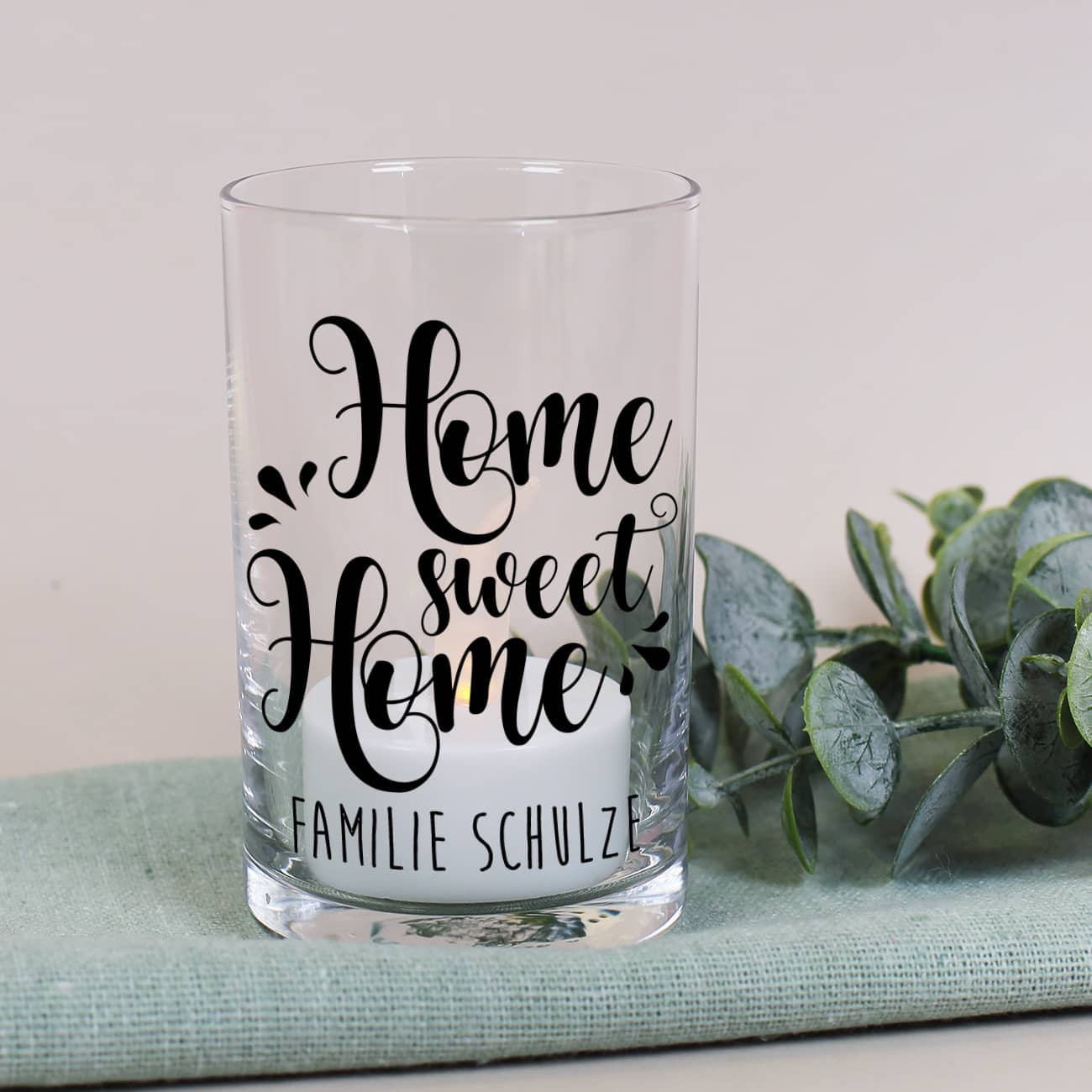 Home Sweet Home Windlicht mit Namen personalisiert