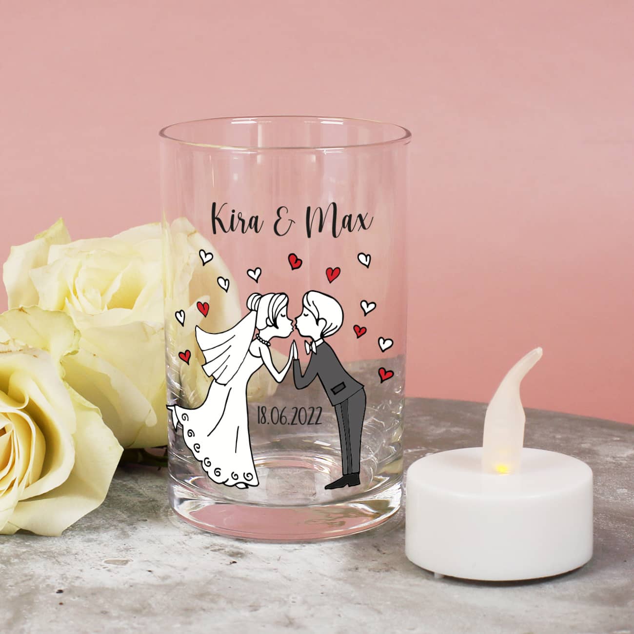 Windlicht mit Namen und Datum personalisiert