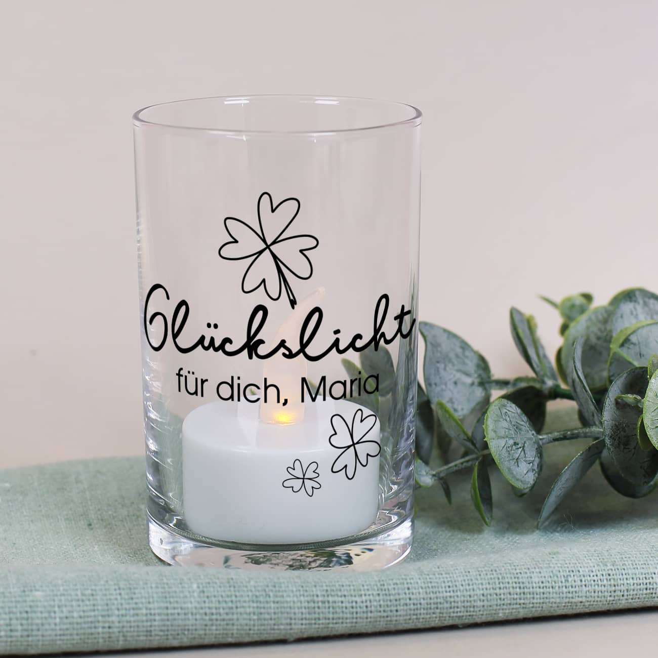 Bedrucktes Glückslicht aus Glas