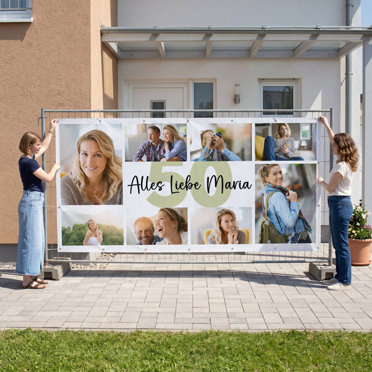 Großes Geburtstagsbanner mit eigenen Fotos, Alter 20 und Wunschtext Alles Liebe zum Geburtstag am Bauzaun