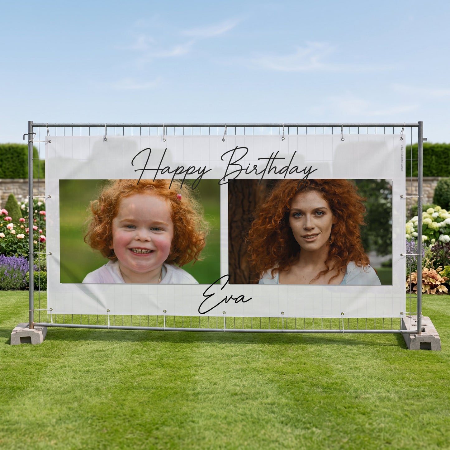 Bauzaunbanner als Geburtstag Fotobanner mit zwei Bildern und Name im Garten am Zaun