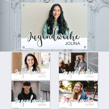 Personalisiertes Banner zur Jugendweihe mit Ihrem Wunschfoto und Name in 5 verschiedenen Farben