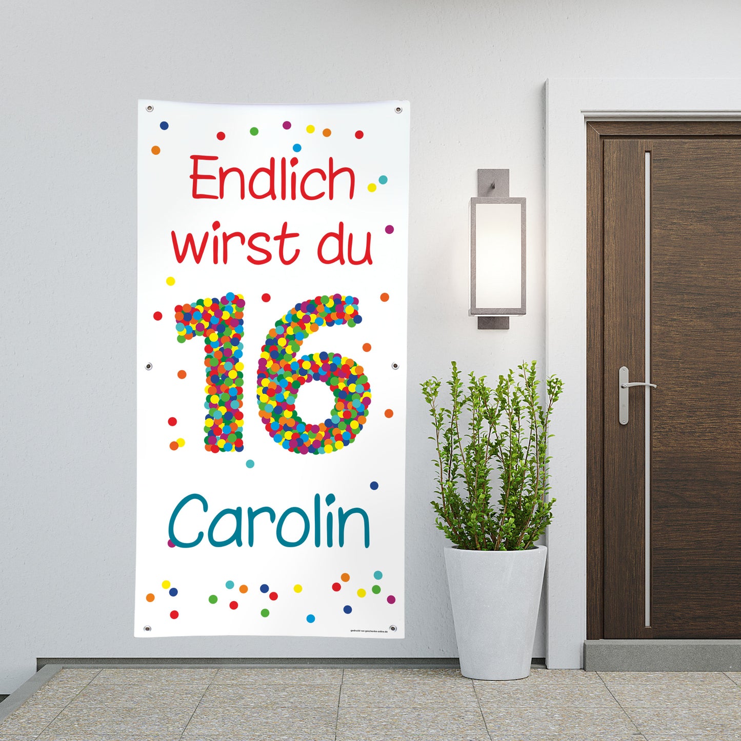 Geburtstagsbanner XL zum 16. Geburtstag mit Konfettizahl, Name und Text