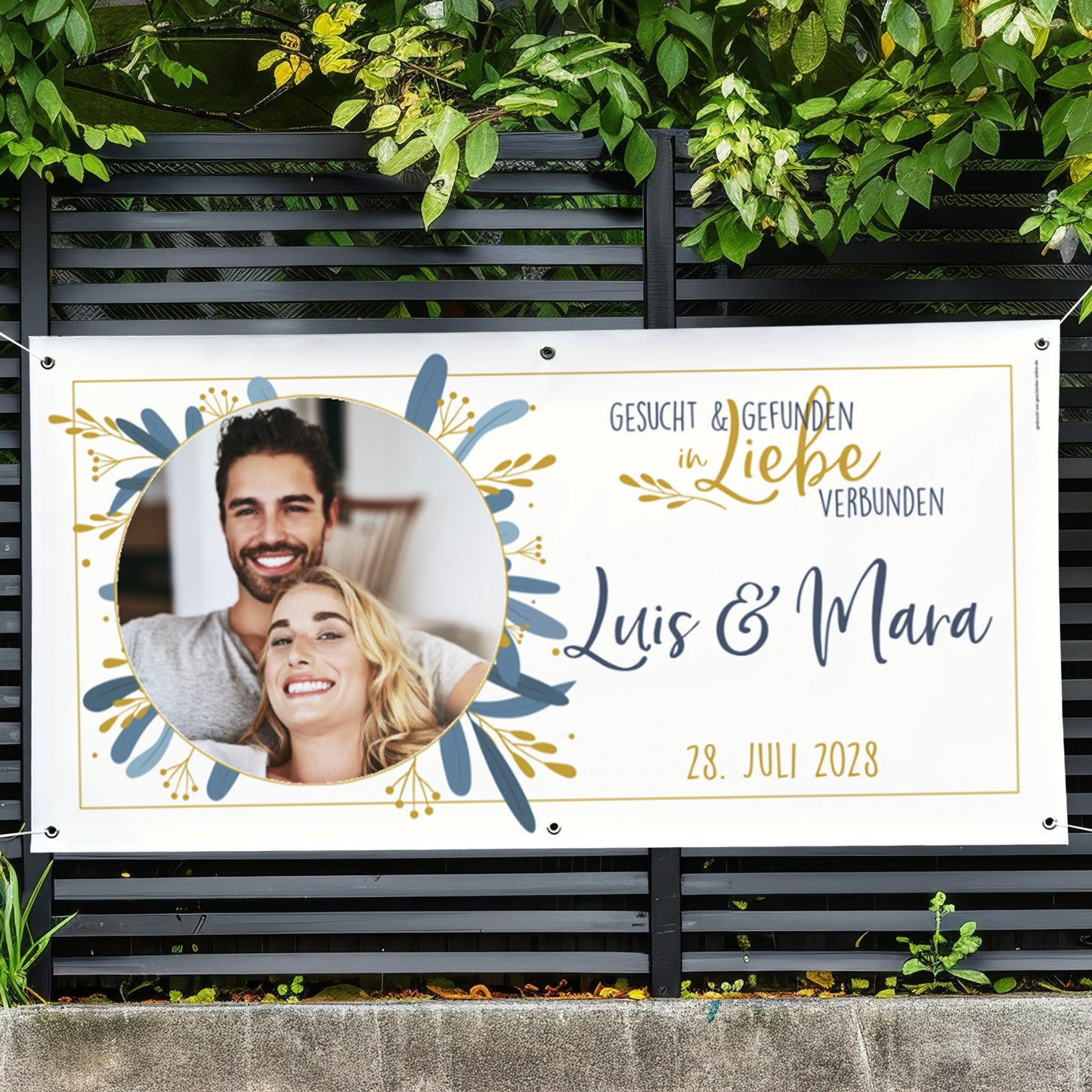 Hochzeitsbanner mit Foto, Namen und Datum bedruckt