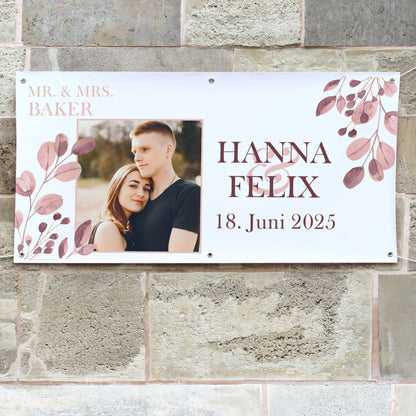 Foto-Banner zur Hochzeit mit Namen, Datum und Blatt-Motiv 160x80cm