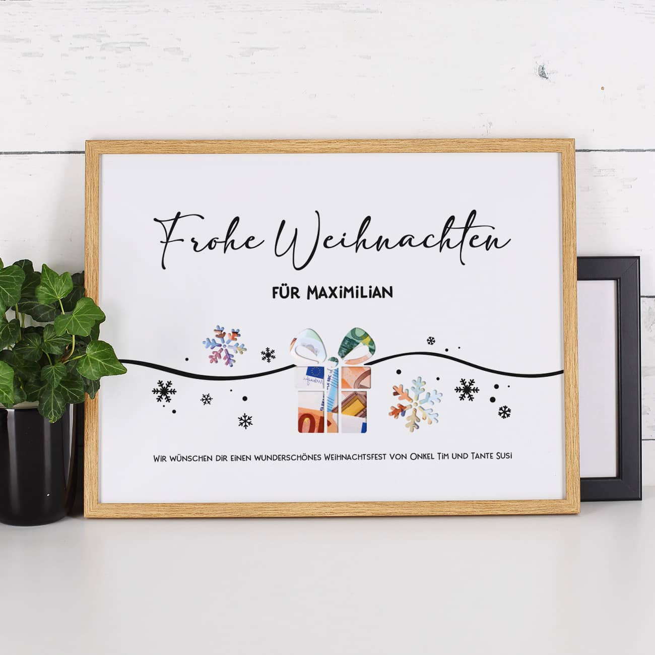 Geldgeschenk zu Weihnachten - Bilderrahmen mit 3 Zeilen Wunschtext, 30x40cm