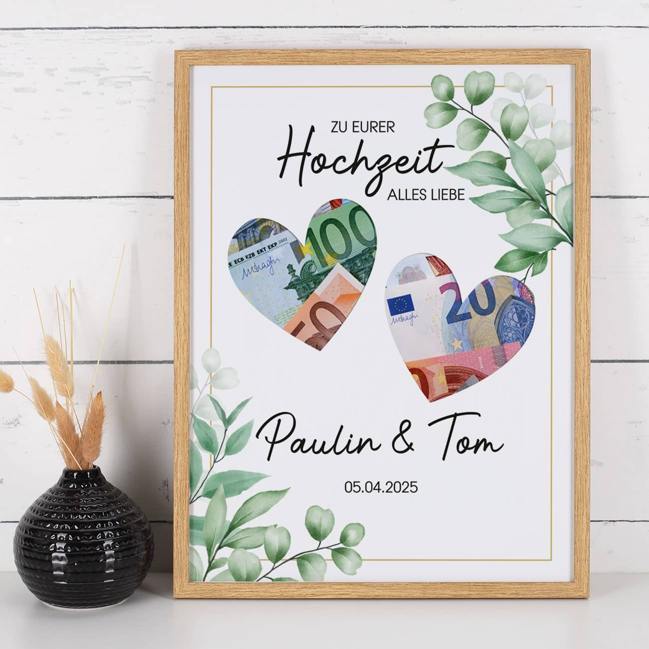 Bilderrahmen zur Hochzeit als Geldgeschenk mit Namen & Datum personalisiert