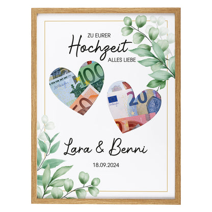 Weißer Bilderrahmen mit Namen und Datum bedruckt