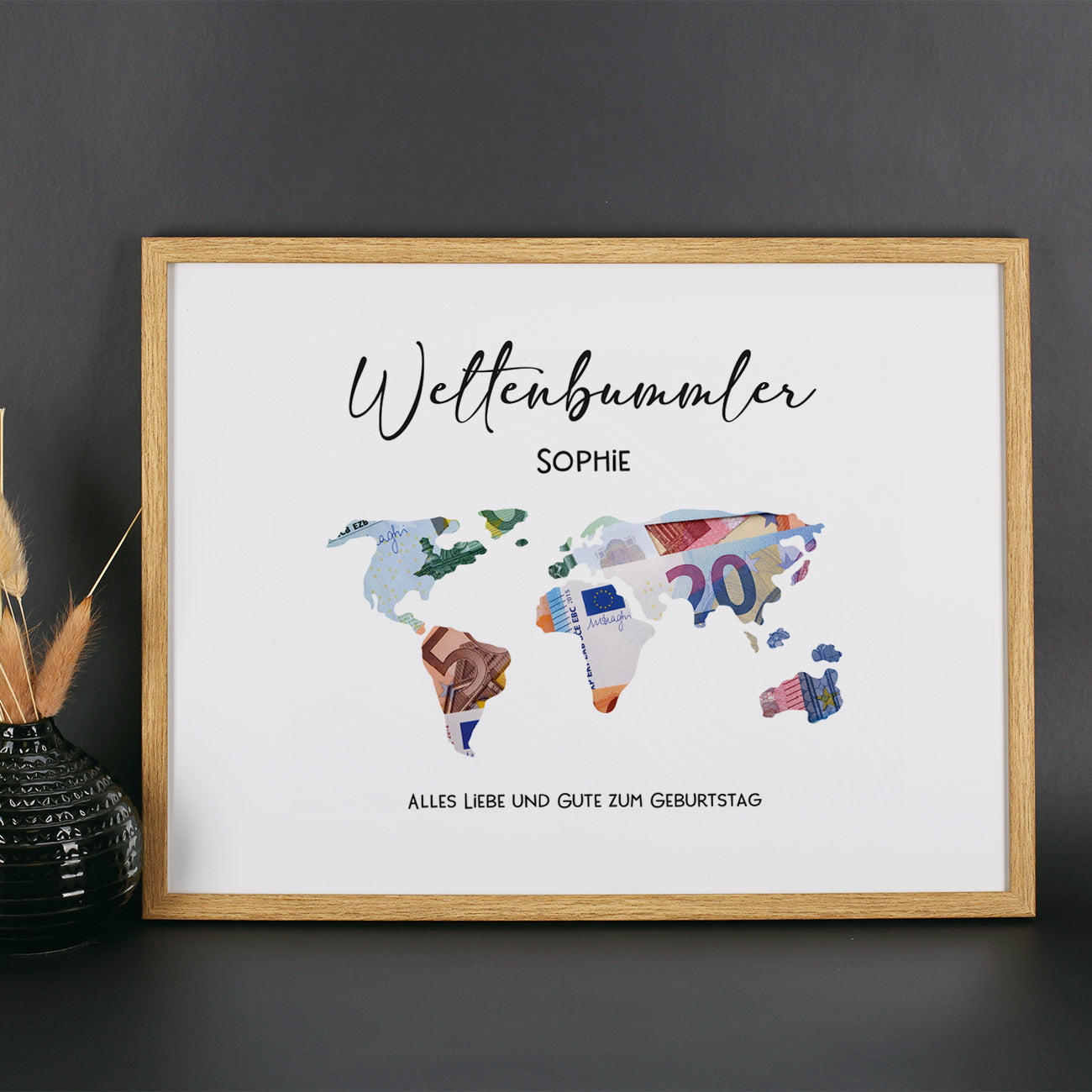 Geldgeschenk Weltenbummler mit Name und Glückwunschtext