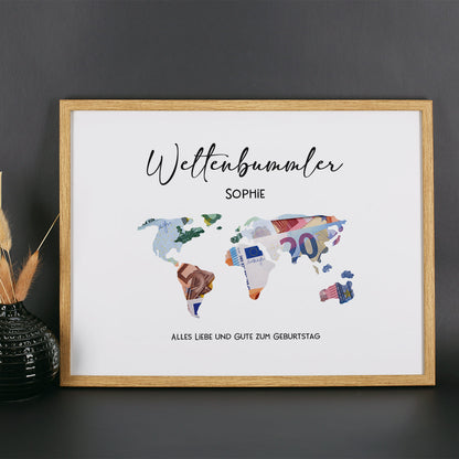 Geldgeschenk Weltenbummler mit Name und Glückwunschtext