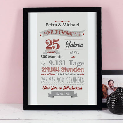 Bilderrahmen mit Silberhochzeitsmotiv und den Namen personalisiert