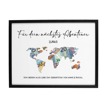 Geldgeschenk Weltkarte im Bilderrahmen zum Geburtstag für Weltreisende