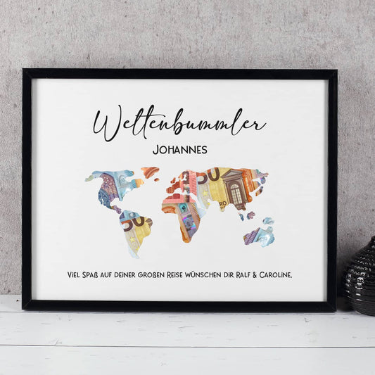 Geldgeschenk Weltenbummler mit Name und Glückwunschtext
