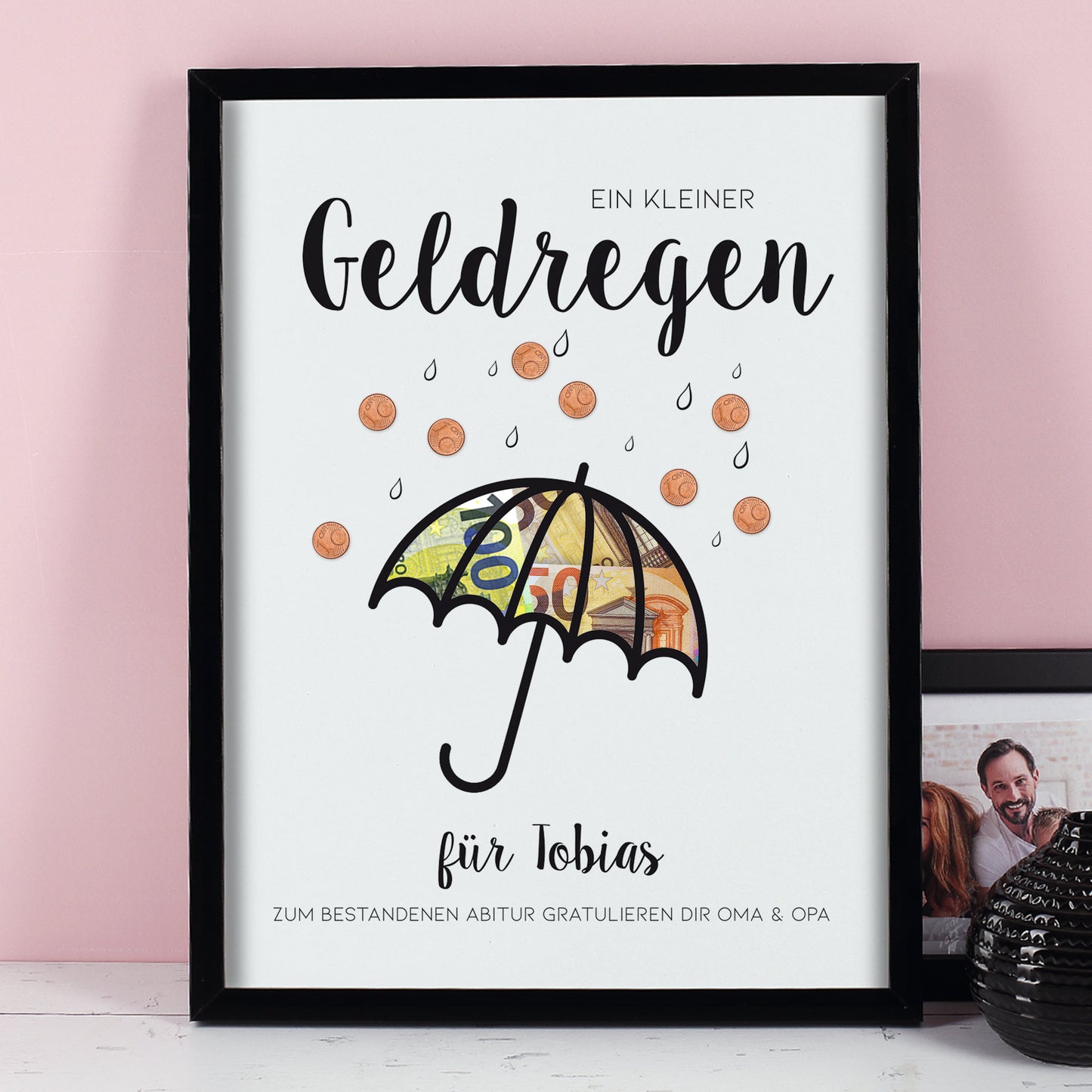 Bilderrahmen Geldregen mit Regenschirm-Aussparung und Wunschtext – frontal